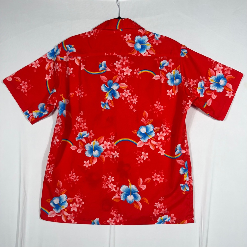 Vtg 70s Hawaiian Button Up Shirt XL/XXL Red Rainbow Hibiscus Aloha Made‎ Hawaii - Picture 3 of 8